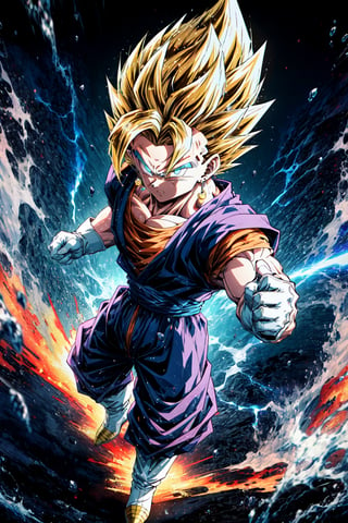 from above,one boy focus, vegetto, super saiyan, looking at viewer,fighting stance, flying, blonde spiked hair, blue eyes, dougi, white boots, white gloves, pectorals, surrounded by yellow lightning, dramtic lighting,