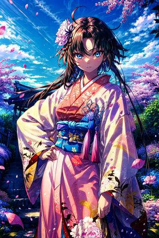 masterpiece, best quality, highres, hmshiki, very long hair, ahoge, hair flower, hair ornament, blue eyes, floral print, (layered clothes:1.2), haori, japanese clothes, , garden, petals, cowboy shot, standing, hand on hip,