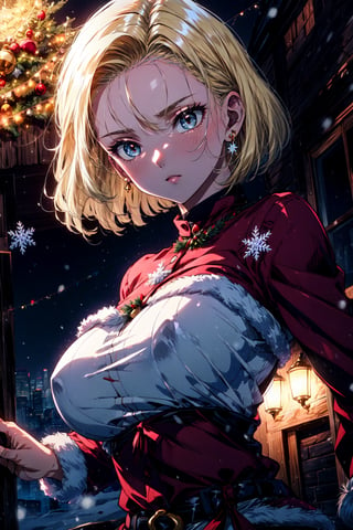 masterpiece,best quality,highres,cinematic lighting,dramatic angle,official wallpaper ,  android 18, winter, christmas, huge breasts, santa, blonde hair, joy,