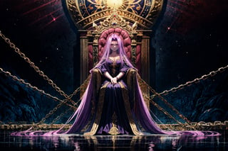 masterpiece, best quality,1girl, medusa (rider) (fate), chain,long hair, medusa (fate), purple hair, forehead mark, solo, facial mark, weapon, yellow eyes, chain, very long hair, looking at viewer,(kbxll:0.5), , sitting on the throne,fate/stay background,fantasy,art