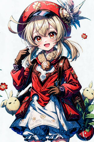 best quality, masterpiece, highres, solo, (klee_genshin:1.10), 1girl, brown scarf, clover print, hat feather, long sleeves, looking at viewer, randoseru, red coat, :d, brown gloves, open mouth, pocket, bag charm, simple background, bloomers, white background, dress, 5 