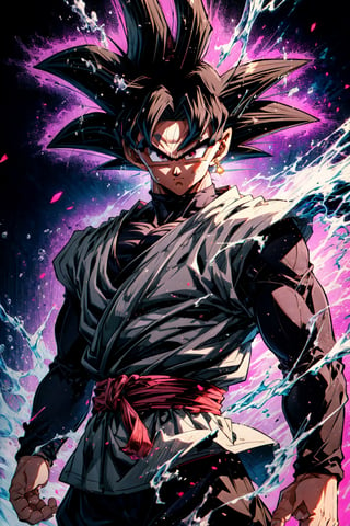 solo,((goku)),(muscular1.1),(cowboy shot:1.4),boichi manga style,blasting kamehameha,, intricate details, best quality, 8k uhd, soft lighting, 1boy, solo, spiked hair, pink hair, pink eyes, super saiyan, single earring, 