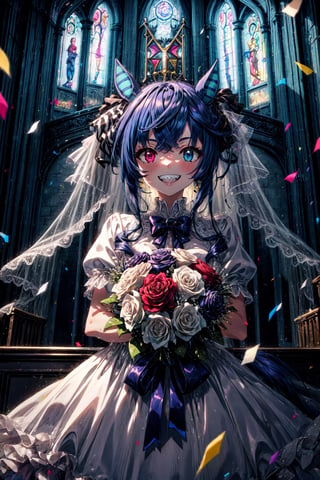 masterpiece, best quality, highres, aatwin, sharp teeth, horse tail, heterochromia, twintails, long hair, , wedding dress, white gloves, bouquet, smile, grin, church, confetti,