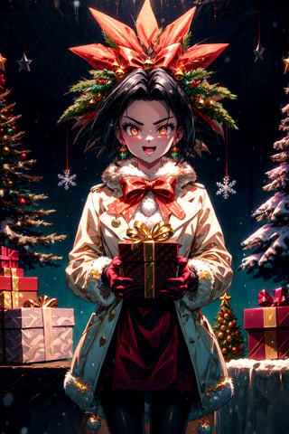 masterpiece,best quality,highres,cinematic lighting,dramatic angle,1girl,light ,orange eyes,Christmas,happy,white and red dress,thick coat,fur trim,ribbons,bowtie,hat,pantyhose,gloves,holding gift box,christmas streetscape,christmas trees,stars,presenting gift box to viewer,:d, (masterpiece, best quality, highres), 