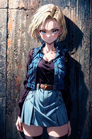 (masterpiece, best quality), 1girl,  android 18, blonde hair, blue eyes, eyelashes, hoop earrings, short hair, earrings belt, black legwear, black shirt, breast pocket, cleavage, collarbone, denim, denim skirt, high-waist skirt, jewelry, long sleeves, pocket, shirt, shirt tucked in, skirt, striped, striped sleeves, waistcoat,