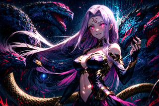 MedGorg, 1girl, bare shoulders, breasts, bustier, cleavage, clothing cutout, jewelry, large breasts, long hair, looking at viewer, medusa \(fate\), navel, purple eyes, purple hair, scales, smile, solo, very long hair, (glowing eyes:1.3), snake hair, snake tail, claws