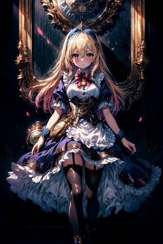 (cygames, official art, shadowverse, shingeki no bahamut ), a beautiful masterpiece portrait of a blonde girl in a blue dress, standing, full body, (she has a large pocket watch pendant watch clock hanging loosely off her shoulder like a pendant), absurdres, highres, (high quality, beautiful, detailed, intricately detailed, ), nose blush, 1girl, frills, looking at viewer, blush, eyebrows visible through hair, breasts, small breasts, solo focus, shadow, hair between eyes, boots, (1girl, blonde hair, blue eyes, dress, long hair, flower, (pocket watch, pendant watch), (blue dress:1.2), rose, apron, hairband, blue hairband, bow hairband, bowtie, bow, petticoat, ((blue corset)), ribbon, frills, wrist cuffs, pink rose, outdoors, puffy sleeves, short sleeves, juliet sleeves, , large dress, thighhighs, frills, black thighhighs, apron, puffy short sleeves, jewelry, red bowtie, wrist cuffs, hair between eyes, bangs, ribbon-trimmed skirt, ribbon trim, :1.0 )