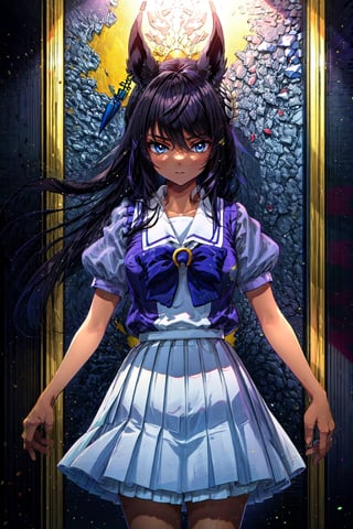 masterpiece, best quality, symboli kris s \(umamusume\), indoor, tracen school uniform, summer uniform, serafuku, puffy short sleeves, purple bowtie, horseshoe ornament, sailor collar, sailor shirt, purple shirt, white skirt, pleated skirt, frills, 