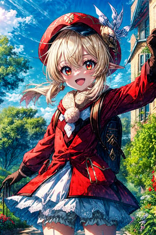 score_9, score_8_up, score_7_up, source_anime, 1girl, klee \(genshin impact\), bloomers, brown gloves, cabbie hat, red coat, scarf, backpack, looking at viewer, smile, open mouth, cowboy shot, reaching out, carry me, garden, outdoor, depth of field 