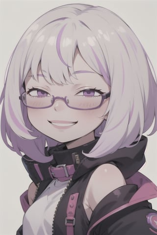 (masterpiece, best quality, ultra-detailed, 8K), ((1girl)), (picture-perfect face, Purple eyes, pink glasses), (pale skin), small breasts, (Shoulder length white hair, bob-wig, Purple tips, bangs), IncrsAnyasHehFaceMeme, (black jacket, high collar), grin smug