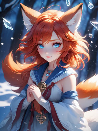 (cute snow fox, flaming veins), blue and white tones, (masterpiece, best quality, ultra-detailed, best shadow), (detailed background,dark fantasy), (beautiful detailed face), high contrast, (best illumination, an extremely delicate and beautiful), ((cinematic light)), colorful, hyper detail, dramatic light, intricate details, (1girl, solo, red hair, sharp face, amber eyes, hair between eyes,dynamic angle) swirling light around the character, depth of field, light particles,(broken glass),magic circle, (full body), Spirit Fox Pendant,Yae Miko, ecchi