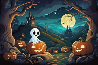  Casper character, cartoon, creepy style, nature, masterpiece, best quality, look at viewer, night landscape, halloween style