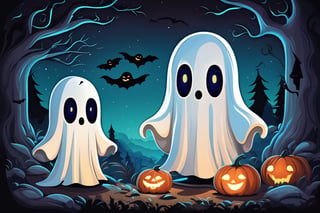 1 ghosts cute, Casper character, cartoon, creepy style, nature, masterpiece, best quality, look at viewer, night landscape, halloween style