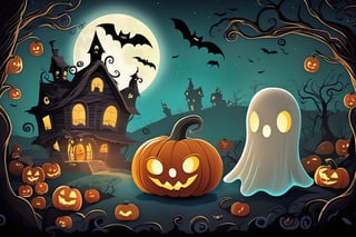 1 ghosts cute, creepy style, nature, masterpiece, best quality, look at viewer, night landscape, halloween style