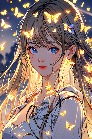 1 girl, portrait, anime style, night light, buterfly glowing