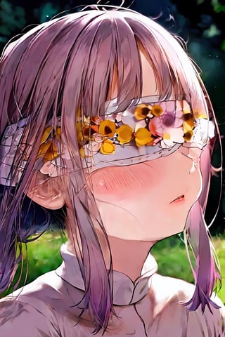 1 girl, Kanna Kamui, portrait, flower gardern, masterpiece, best quality, nature light, Circle, nature background, Flower Blindfold, crying, (tear),