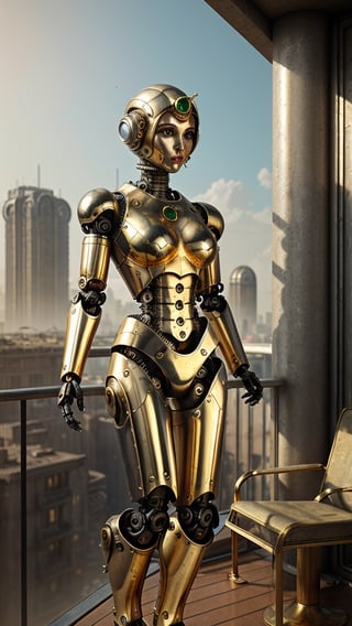 (masterpiece), (award_winning photo), (ultra_realistic:1.5),  (on focus), (ultra detailed), ((a retro science fictional art deco styled beautiful robotic girl made of polished gold and intrincated silver and brass mechanical parts on face and body on balcony looking for a colossal city below:1.5)), ((draw her half body shot and face can be seem:1.2)), view from lower ground level to up, steam and sparks, extremely complex and intricated detailed scene, ultra realistic illumination with sun light, decopunk style