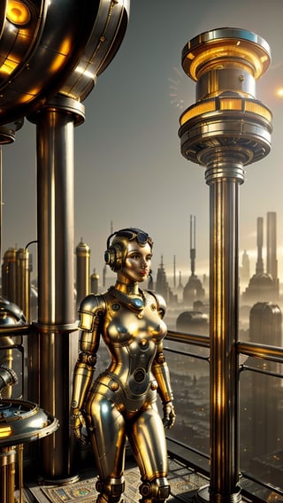 (masterpiece), (award_winning photo), (ultra_realistic:1.5),  (on focus), (ultra detailed), ((a medium shot of retro science fictional art deco styled very beautiful robotic girl made of polished gold and intrincated glowing vacuum tubes porcelain and polished steel mechanical parts on face and body on balcony looking for a colossal city below:1.5)), ((draw her half body shot and face can be seem:1.2)), city extremely complex and intricated detailed scene, ultra realistic illumination with sun light, decopunk style