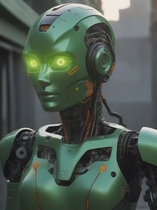 (masterpiece), ((hyper realistic)), ((extreme highly detailed)), ((precise focus)), solo, ((imagine futuristic humanoid robot in highly intricated  resembling female body years of use damages highly detailed)),  ((face made of mixed tarnished steel parts and plastic details:1.2)),(the body is mostly  made of intrincated highly detailed mix of different tarnished metallic 
 complex tiny parts and oxidized discolored little parts and complex green glowing electronic parts:1.5), ((tiny little details in damaged oxidized chrome steel and orange colors accentuations graphiscs:1.1)),  super realism,  photo real, expert cinematic dramatic lighting, ( fancy posing  in futuristic dawn sun balcony rim light:1.5), half body dynamic pose shot view:1.1,mecha dieselpunk