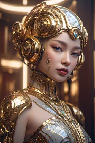 (masterpiece),(ultra realistic), (Highly detailed), (Full body photo:1.2), (Create a full body photo realistic of an biomechanical retro styled robot girl with all front face made of very transluscent porcelain with intricate mecahnical golden pieces on the face, many lines of gold decorate in art deco style her face and body:1.5), ((perfect body:1.5)), (sub surface scatering light:1.2) on background a big hall of a retro futuristic buiding in art deco style of 30's, noir sci fi movie, retro futurism, many gold, polished chrome, gem stone black opal, glass and luxurious, (full body shot:1.5), cinematic illumination