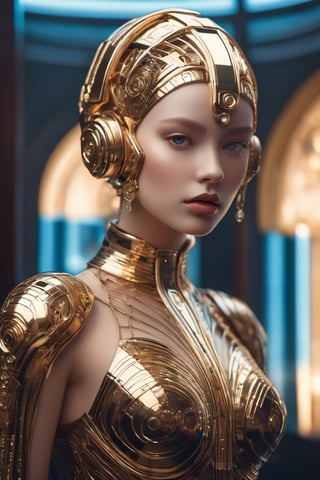 (masterpiece),(ultra realistic), (Highly detailed), (Full body photo:1.2), (Create a full body photo realistic of an biomechanical retro styled robot girl with all front face made of very transluscent porcelain with intricate mecahnical golden pieces on the face, many lines of gold decorate in art deco style her face and body:1.5), ((perfect body:1.5)), (sub surface scatering light:1.2) on background a big hall of a retro futuristic buiding in art deco style of 30's, noir sci fi movie, retro futurism, many gold, polished chrome, gem stone black opal, glass and luxurious, (full body shot:1.5), cinematic illumination