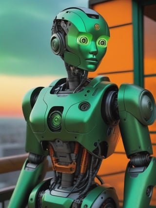 (masterpiece), ((hyper realistic)), ((extreme highly detailed)), ((precise focus)), solo, ((imagine futuristic humanoid robot in highly intricated  resembling female body years of use damages highly detailed)),  ((face made of mixed tarnished steel parts and plastic details:1.2)),(the body is mostly  made of intrincated highly detailed mix of different tarnished metallic 
 complex tiny parts and oxidized discolored little parts and complex green glowing electronic parts:1.5), ((tiny little details in damaged oxidized chrome steel and orange colors accentuations graphiscs:1.1)),  super realism,  photo real, expert cinematic dramatic lighting, ( fancy posing  in futuristic dawn sun balcony rim light:1.5), half body dynamic pose shot view:1.1,mecha dieselpunk