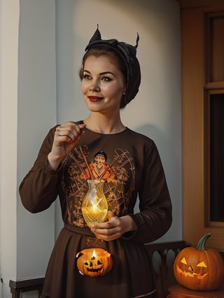 (masterpiece), (USSR poster print:1.2), ((oil paint)), ((extreme highly detailed)), ((in focus)), ((extreme attractive young woman hour glass 50's style haircut  wears halloween themed dress in monster family scenario smiling to viewers, witch hat pumpkins, candies, candles:1.1)),  hand painted illustratin poster in 50's advertising style, Norman Rockwell arts, ( bright afternoom sunny illuminated balcony:1.5)