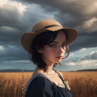 Masterpiece. A stormy scene. A 19th century French country girl stands in a pastoral scene.  She has dark hair held back by a red kerchief.  She wears a 19th century peasant style dress and she has vibrant blue eyes and perfect features. Perfect skin. Very beautiful. Like a Bouguereau painting.    Behind the girl is a field of amber wheat.  Dark clouds and ligthning are on the horizon.  