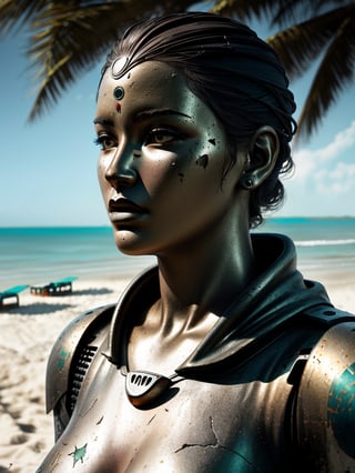 (masterpiece),(realistic photo:1.2), ((hyper realistic)), ((extreme highly detailed)), ((in focus)), (half body shot), (strong tarnished and scratched steel and damaged robot resembling a woman seatead in beach sand under trees shadow:1.2), (extremelly intrincated detailed Robotic face and body body:1.1), some leaves shadows casting on robot, ( bright afternoom sunny illuminated beach:1.5), 