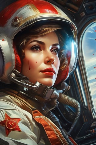 masterpiece, best quality, ultra high resolution, visually stunning, beautiful, award-winning art (abstract art: 1.3),  beautiful ))), A very beautiful Russian soviet female comunismpunk pilot in the cockpit of a space fighter in the distant future. A wounded woman in a flight suit covered in blood leads a space fight,more detail XL