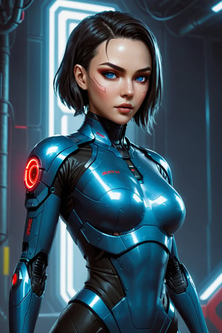 1girl, Soviet Russian Cyberpunk corporation soldier in cyberpunk heavy assault military outfit. . Glowing blu eyes. Cybernetic implants visible at temples and neck. Background - Soviet secret base. Atmospheric lighting emphasizing contrasts.  cyberpunk 2077 rpg lore, and advanced technology. Hyper-detailed textures