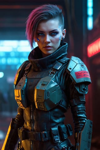 1girl, Soviet Russian Cyberpunk corporation soldier in cyberpunk heavy assault military outfit. . Glowing blu eyes. Cybernetic implants visible at temples and neck. Background - Soviet secret base. Atmospheric lighting emphasizing contrasts.  cyberpunk  Blade Runner lore, and advanced technology. Hyper-detailed textures