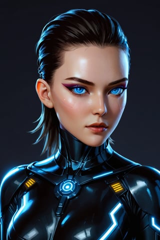 1girl, Cyberpunk corporation mercinaries smuggler in cyberpunk  smuggler outfit. Pale skin with subtle metallic sheen. Glowing blu eyes. Cybernetic implants visible at temples and neck. Background - secret rebels brsement. Atmospheric lighting emphasizing contrasts.  cyberpunk 2077 rpg lore, and advanced technology. Hyper-detailed textures