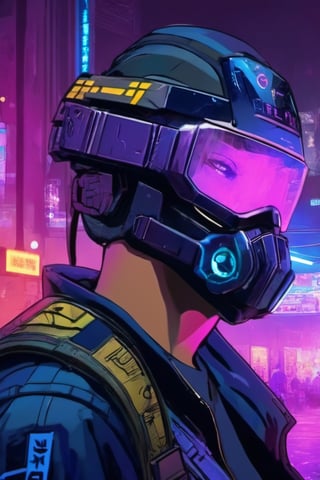 masterpiece A FULL-LENGTH very detalied portret A WOMAN "cyberpunk 2077 rpg style" -A Japanese cyberpunk policeman in a worn helmet with a lowered police identification visor lowered over his eyes and a worn blck cyberpunk uniform of a Japanese policeman in a worn black cyberpunk bulletproof vest. light violet background, film photography, light leaks, Larry Bud Melman, trending on artstation, sharp focus, studio photo, intricate details, highly detailed, in style of Leonid Afremov, mintonn17, j3s1, Watercolor, trending on artstation, sharp focus, studio photo, intricate details, highly detailed, by greg rutkowski,night city,CYBERPUNK MODEL ,neon