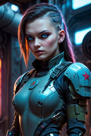 1girl, Soviet Russian Cyberpunk corporation soldier in cyberpunk heavy assault military outfit. . Glowing blu eyes. Cybernetic implants visible at temples and neck. Background - Soviet secret base. Atmospheric lighting emphasizing contrasts.  cyberpunk  Blade Runner lore, and advanced technology. Hyper-detailed textures