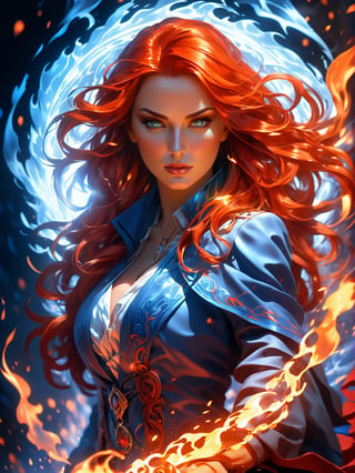 (Confident smart flame woman, flaming veins), red and blue tones, (masterpiece, best quality, ultra-detailed, best shadow), (detailed background,dark fantasy), (beautiful detailed face), high contrast, (best illumination, an extremely delicate and beautiful), ((cinematic light)), colorful, hyper detail, dramatic light, intricate details, (1woman, red hair, sharp face, amber eyes, hair between eyes,dynamic angle), shed long hair, artisan, promotionally, blood splatter, swirling black light around the character, depth of field, light particles,(broken glass),magic circle, (full body), Spirit Wolf Pendant,EpicSky,cloud, (lora:Detail_Tweaker:1.2)