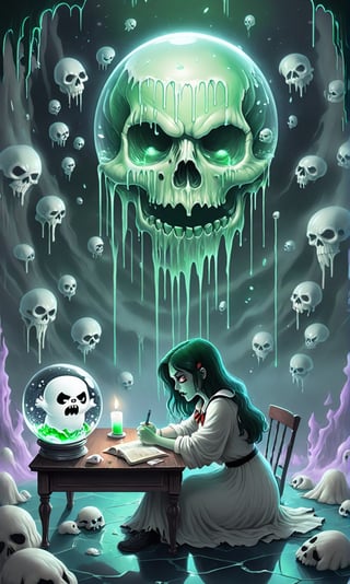 ((A wispy sad ghoul girl sitting at a desk)), she is studying book, ((an image of Stay Puft Marshmallow Man appears in the crystal ball on the desk)),drippy candle on the table, (donuts on the table),(green ghosts with skull faces float in the background),donmcr33pyn1ghtm4r3xl  