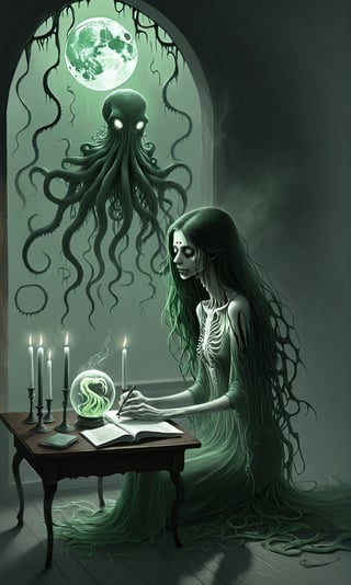 ((A thin wispy sad ghoul girl sitting at a desk)), she is studying book, (((an image of a tentacle monster appears in the crystal ball sitting on the table))),1 tall drippy candle sits on the table,some green skeletal ghosts hover in the background, a thin crescent moon shines through a broken window,(spiderwebs),donmcr33pyn1ghtm4r3xl  