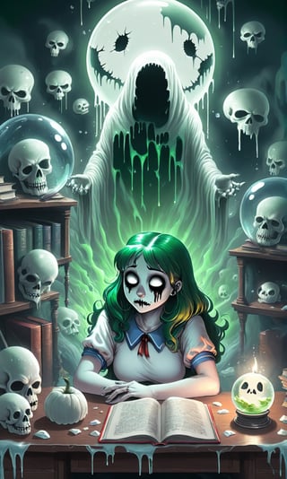 ((A wispy sad ghoul girl sitting at a desk)), she is studying book, ((an image of Stay Puft Marshmallow Man appears in the crystal ball on the desk)),drippy candle on the table, (donuts on the table),(green ghosts with skull faces float in the background),donmcr33pyn1ghtm4r3xl  