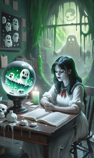 ((A wispy sad ghoul girl sitting at a desk)), she is studying book, ((an image of Stay Puft Marshmallow Man appears in the crystal ball on the desk)),drippy candle on the table, (donuts on the table),(green ghosts with skull faces float in the background),donmcr33pyn1ghtm4r3xl  