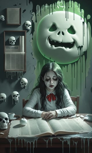 ((A wispy sad ghoul girl sitting at a desk)), she is studying book, (((an image of the Stay Puft Marshmallow Man appears in the single small crystal ball on the table))),1 tall drippy candle sits on the table, (half-eaten donuts lying on the table),((green ghosts with skull faces hover in the background)),(spiderwebs),donmcr33pyn1ghtm4r3xl  