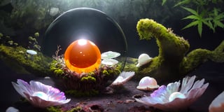 A Huge Transparent orange sphere occupies the entire image, high resolution, | moss with hemp, mycelium, spores |, light passes through the sphere, colors emit a glow, high-quality reflections, incredible shine, HDR, DLSS, upscale, 4k, fog, mother of pearl, depth of view, surface distortion,