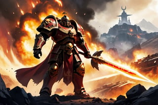 (8k HDR), (masterpiece, best quality),

Title: Ares, God of War in the Warhammer 40K Universe

Scene Description:
Ares, now a towering Space Marine Captain, clad in ornate power armor, stands on the smoldering battlefield of a war-torn planet. His armor is a masterwork of Imperial craftsmanship, deeply engraved with symbols of war and destruction, and painted in the blood-red colors of his chapter. His cape, tattered and scorched, flutters in the toxic winds.

Focal Point:
Ares wields a massive, chain-wrapped thunder hammer, glowing with arcane energies, raised high as he charges into a horde of alien enemies. His other hand clutches a bolt pistol, spewing fiery rounds into the melee. Around his waist, a belt adorned with skulls and relics from vanquished foes.

Background Elements:
The landscape around him is chaotic and devastated, with the remnants of a once-mighty city now reduced to rubble and flames. Exploding shells light up the dark sky, and drop pods descend in the background, bringing reinforcements or dreadnought allies.

Atmospheric Effects:
Smoke and dust fill the air, pierced by the harsh light of gunfire and explosions. In the distance, the twisted forms of enemy war machines loom, clashing against the Imperial forces.

Dynamic Action:
Ares roars a battle cry, his voice amplified by his helmet’s vox-grille, inspiring fear in his foes and fervor in his troops. Close by, Space Marines rally to his side, their armor echoing his design, forming an unstoppable tide of red and steel.

dark and vibrant, (micheal bay cinematic shots), depth of field, 2D