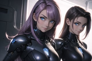 (masterpiece, best quality), (8K, UHD), ((90s anime style)), dark fantasy fembot, an alluring robotic body, with a lean hourlgass shape, high tech design, seductive cybernetic eyes, nice chest, in a futuristic high tech society, different seductive poses, smiling at the viewer, (variety shot), illustration,portrait,rgbcolor,emotion