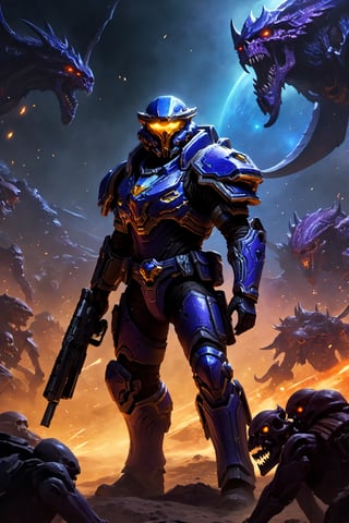 (8k UDR), (masterpiece, best quality), ((Starcraft)), 

Create an image of a Space Cowboy ranger on a Zerg infested world, he will be duel wielding two space revolvers, standing his ground on the remains of a dead world, (quality camera shots), portrait, dark atmosphere, vibrant colors, depth of field, ,HellAI,fire,skull,monster