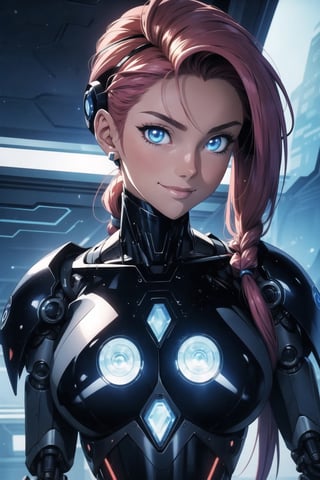 (masterpiece, best quality), (8K, UHD), ((90s anime style)), dark fantasy fembot, an alluring robotic body, with a lean hourlgass shape, high tech design, seductive cybernetic eyes, nice chest, in a futuristic high tech society, different seductive poses, smiling at the viewer, (variety shot), illustration,portrait,rgbcolor,emotion