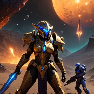 (8k UDR), (masterpiece, best quality), ((Starcraft)), 

Create an image of a female Protoss warrior engaged in a fight with a Terrain Space Marine, on a desolate moon near a volcanic planet, (different camera angles), dark atmosphere, vibrant colors, depth of field, ,HellAI,fire,skull,monster