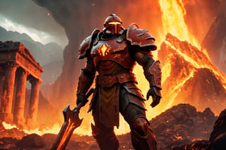 (masterpiece, best quality), (8K, UHD), 
Hercules Doom Slayer:
"Generate an image of Hercules Doom Slayer standing amidst a hellish battlefield, his glowing battle-axe raised high as he prepares to strike down a towering demon. The landscape is filled with molten lava and crumbling ancient ruins." (cinematic shots),  illustration,portrait,rgbcolor,emotion