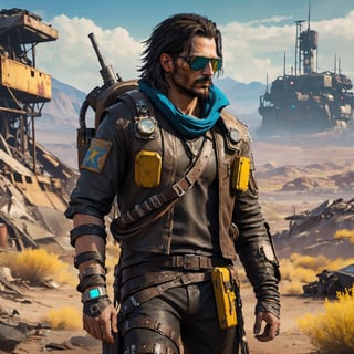 (8k HDR), (masterpiece, best quality), 

"Visualize Johnny Silverhand from Cyberpunk 2077 adapted into the Fallout universe as a rugged wasteland wanderer. He dons a patched-up leather jacket with radiation-resistant lining, adorned with various faction pins and badges from the Fallout world. His iconic cybernetic arm has been further modified with attachments useful for survival in the wasteland, including a Geiger counter and a built-in pip-boy interface. Strapped to his back is a makeshift electric guitar, cobbled together from old world tech and scrap parts. He navigates a rocky terrain littered with the debris of fallen airships and distant views of dilapidated structures, his gaze fixed on the horizon, a defiant symbol of survival and resistance against the chaos of the wasteland."

dark atmosphere, vibrant colors, (various camera shots), depth of field, 2D