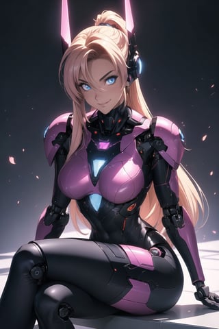 (masterpiece, best quality), (8K, UHD), ((90s anime style)), dark fantasy fembot, an alluring robotic body, with a lean hourlgass shape, high tech design, seductive glowing eyes, nice chest, in a futuristic high tech society, , sitting down elegantly, thigh highs, smiling at the viewer, (variety shot), illustration,portrait,rgbcolor,emotion